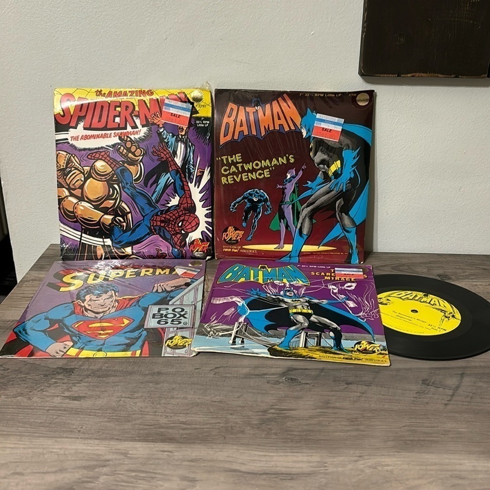 VINTAGE LOT POWER RECORDS BATMAN SUPERMAN & SPIDERMAN 33 1/3 RPM LP RECORDS